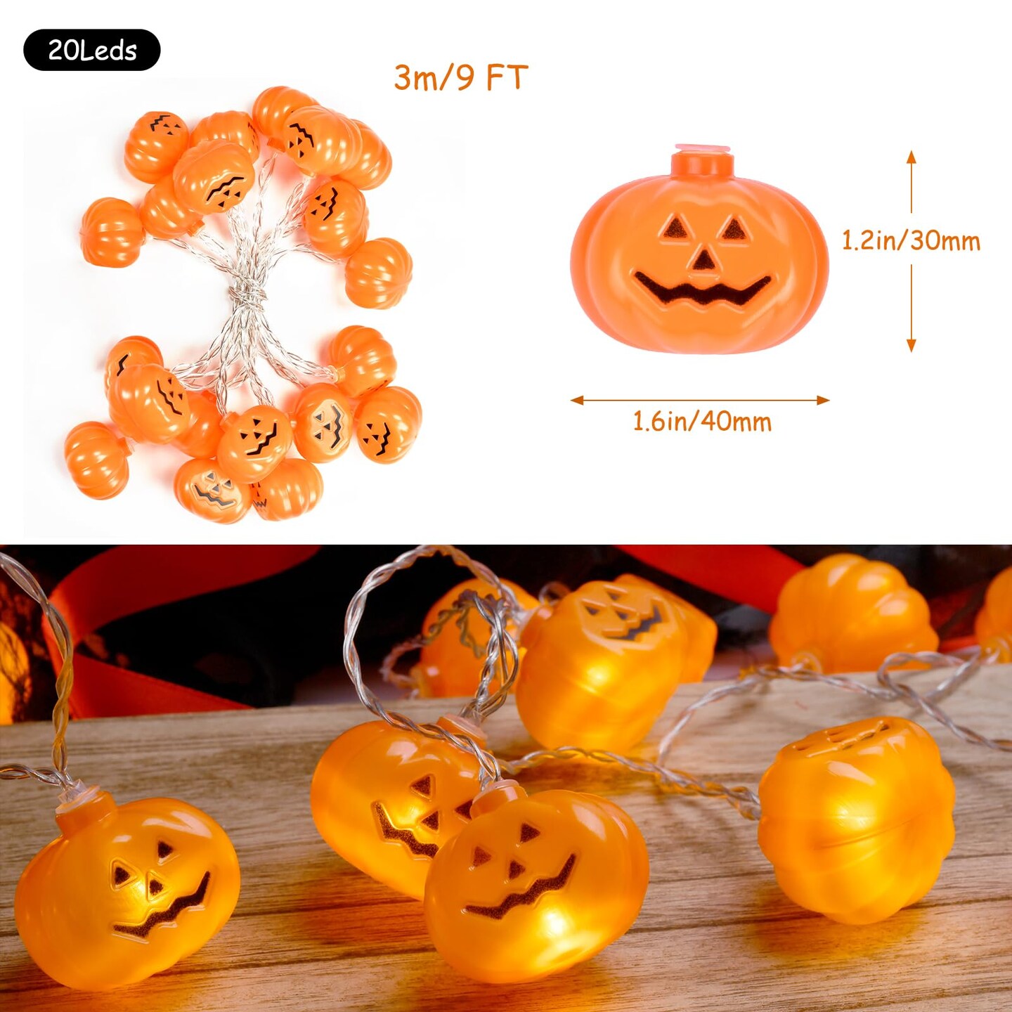 Halloween Decorations 9Ft 20LED Pumpkin String Lights, 2 Model Battery Operated Halloween Decor Pumpkin LED Lights, Thanksgiving Christmas Halloween Decorations for Home Indoor Outdoor&#x2026;