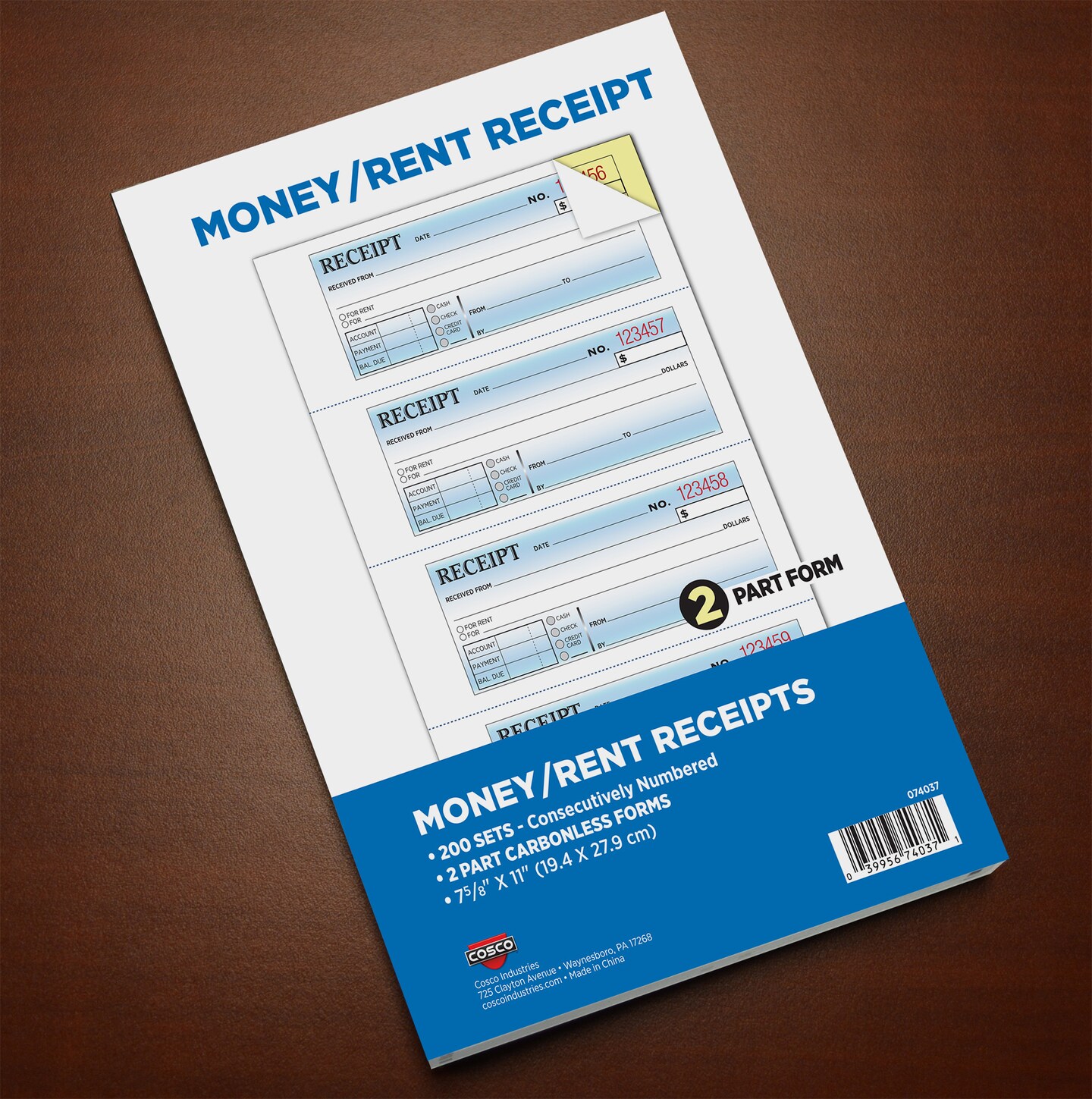 COSCO Money and Rent Receipt Book, 2-Part, Carbonless, White/Canary, Bound Wraparound Cover, 200 Sets per Book, 4 Receipts per Page