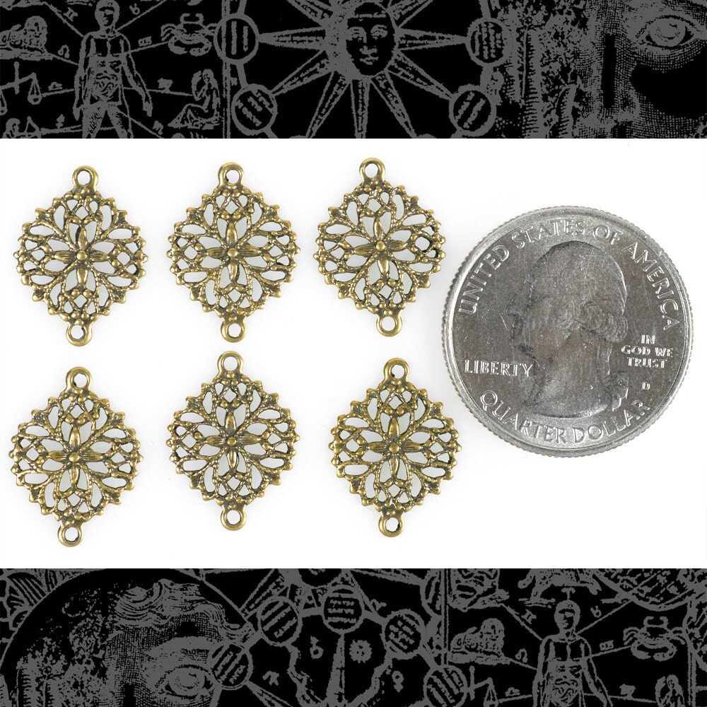Antiqued Brass Round Filigree Two Ring Connectors - Set of Six - AB-2C25