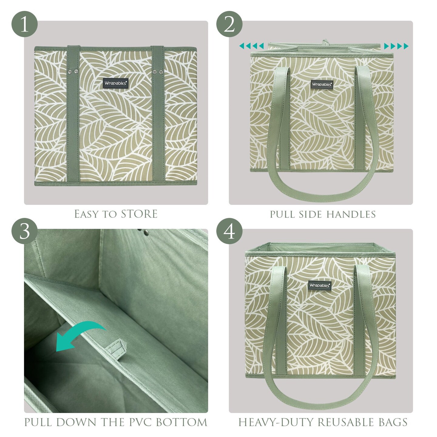 Wrapables 3Pk Reusable Grocery Bags, Heavy Duty Large Foldable Storage Shopping Totes with Reinforced Handles, Leaves