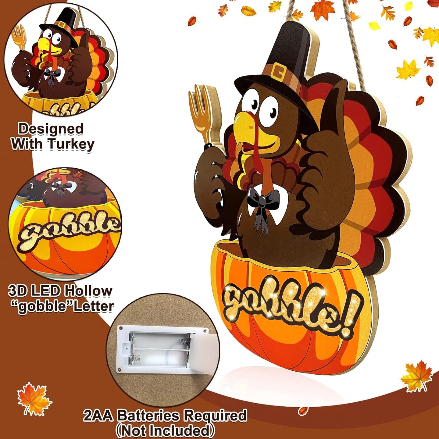 Wreaths for Front Door Pumpkin Turkey Door Hanger Thanksgiving Decorations Battery Operated Warm Lights Gobble Wood Signs Home Outdoor