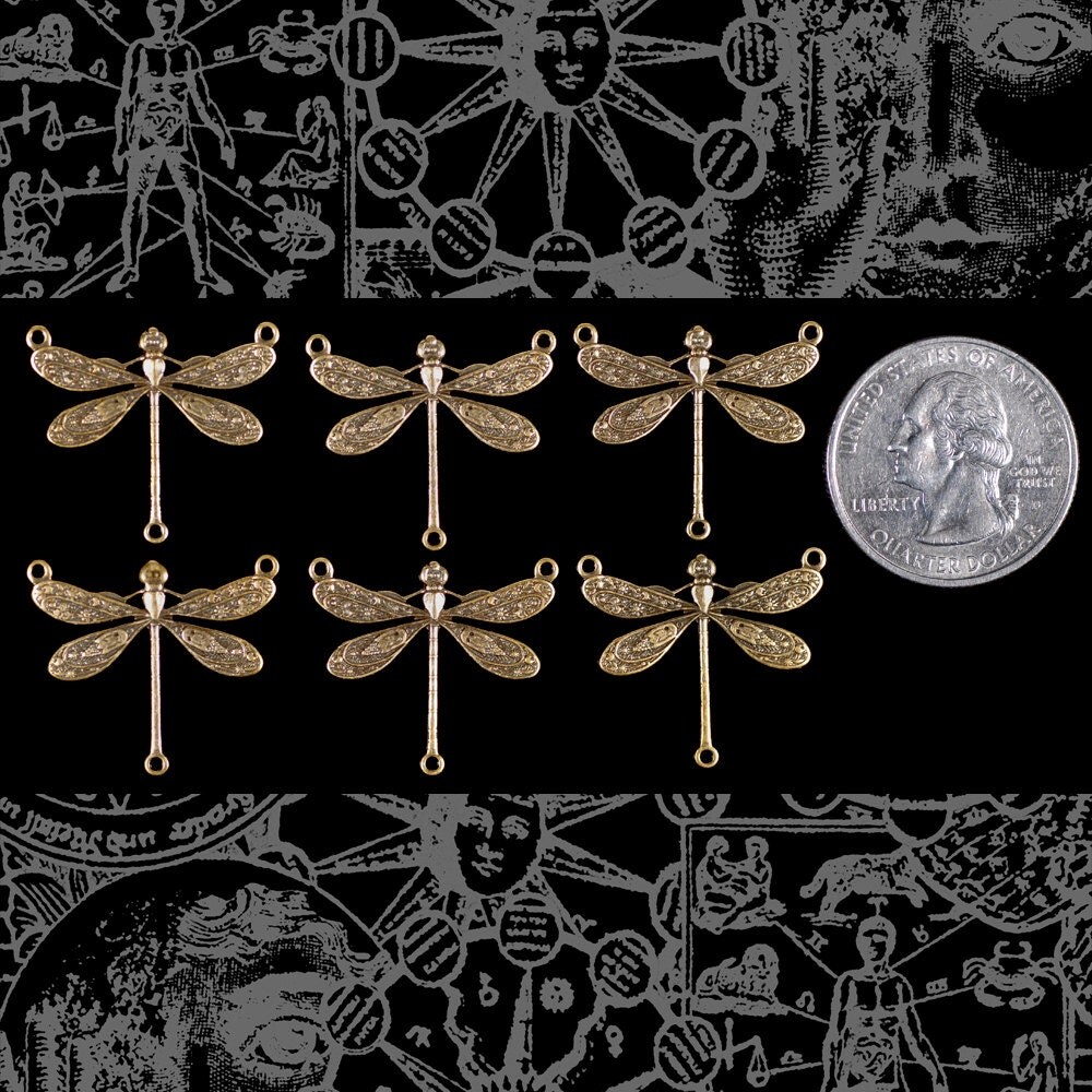 Antiqued Brass Medium Ornate Dragonfly Three Ring Connectors - Set of Six - AB-3C32