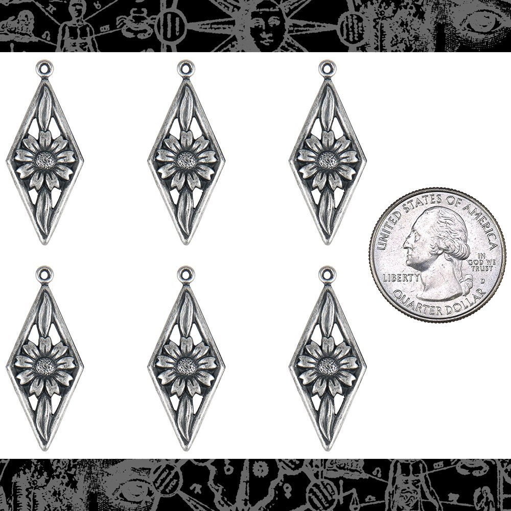 Antiqued Silver Plated Brass Nine Petaled Daisy in Diamond Charms - Set of Six - S-C186
