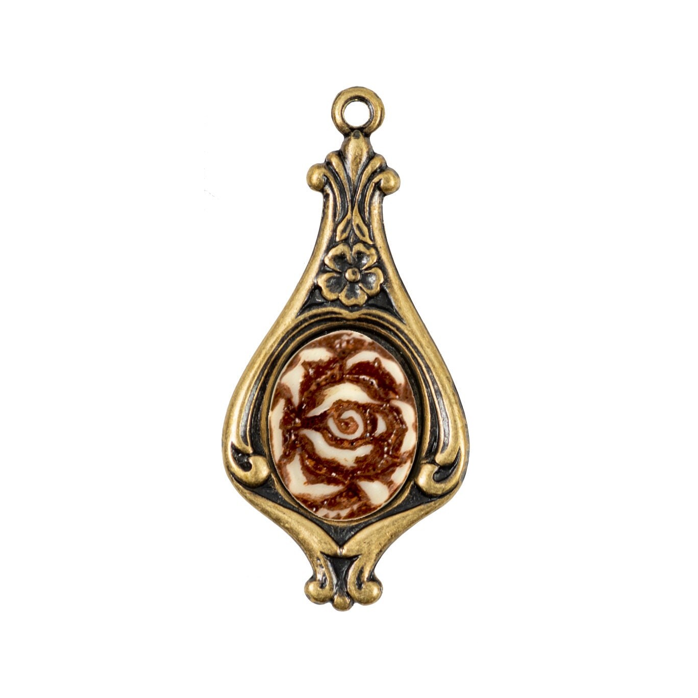 Carved Roses Brown on White 10x8mm Resin Cameos - Set of Six - CAM229