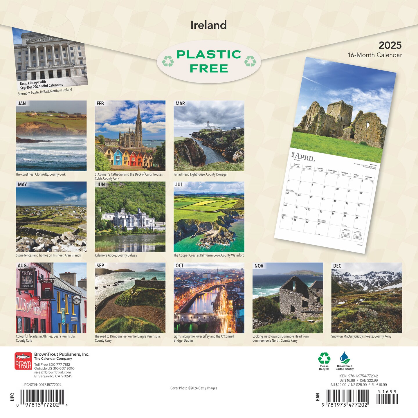 Ireland | 2025 12 x 24 Inch Monthly Square Wall Calendar | Plastic-Free | BrownTrout | Scenic Travel Dublin Irish