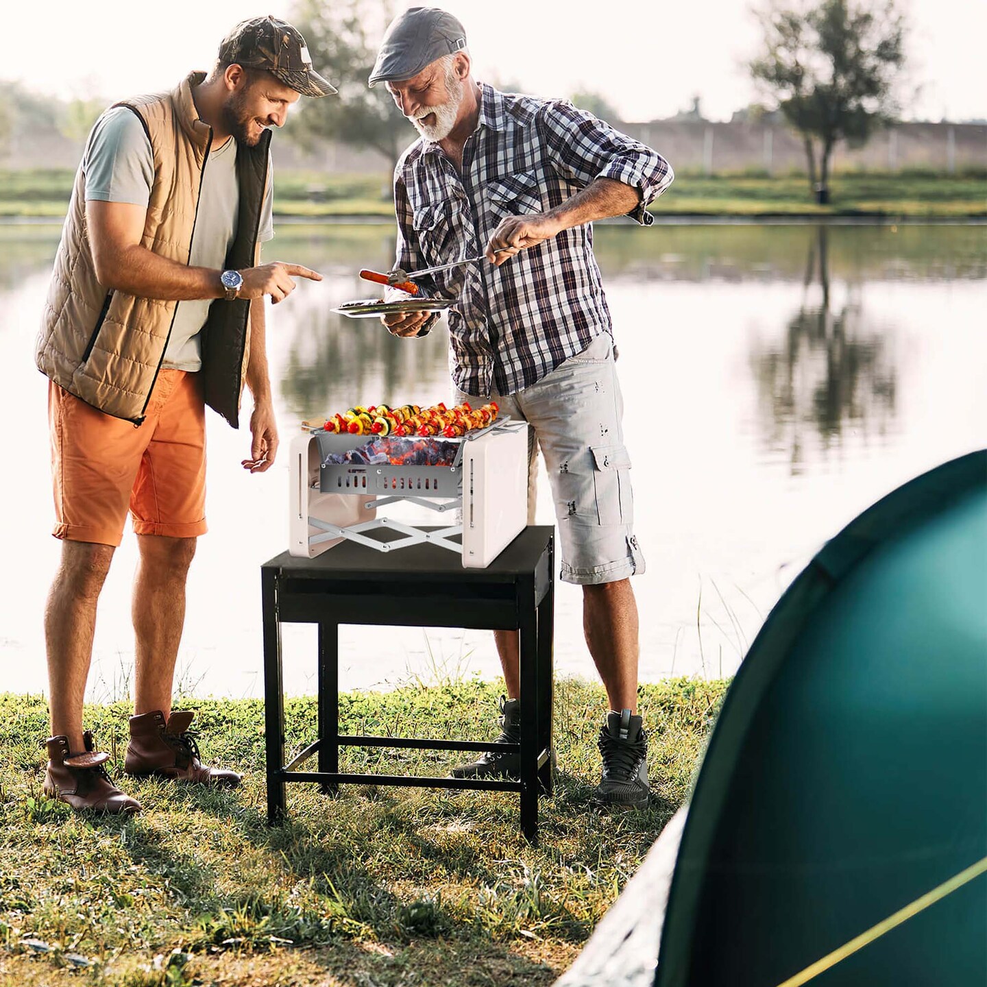 Costway Outdoor Charcoal Grill with 2 Stainless Steel Grill Nets Charcoal Box for Camping