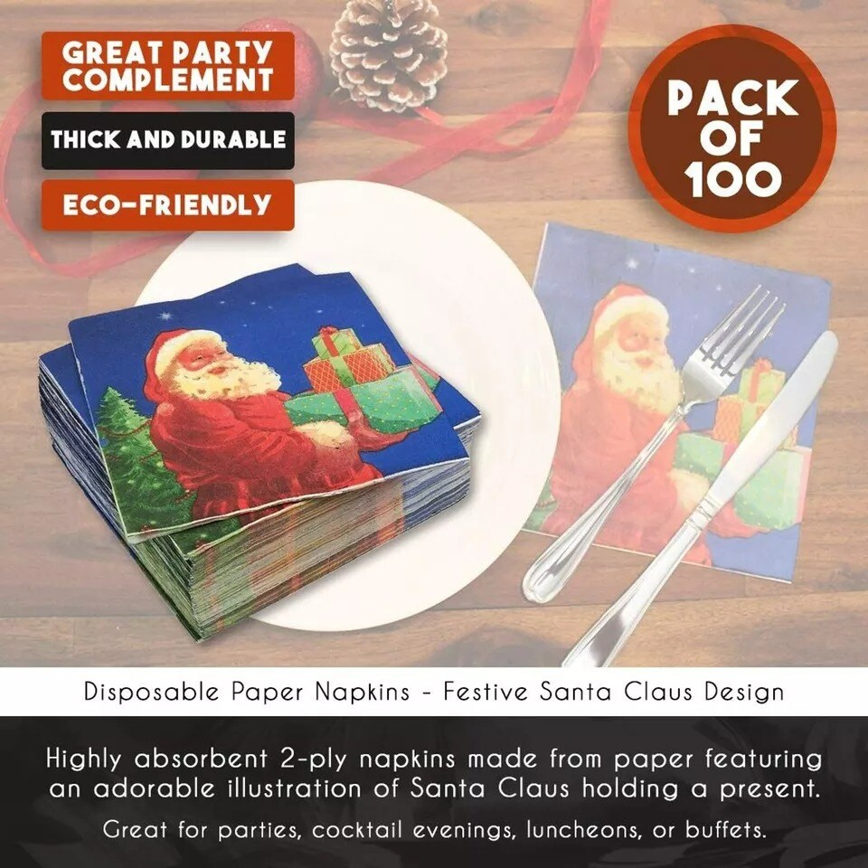 100 ct Christmas Napkins Paper Disposable for Holiday Party 6.5x6.5” Santa Claus