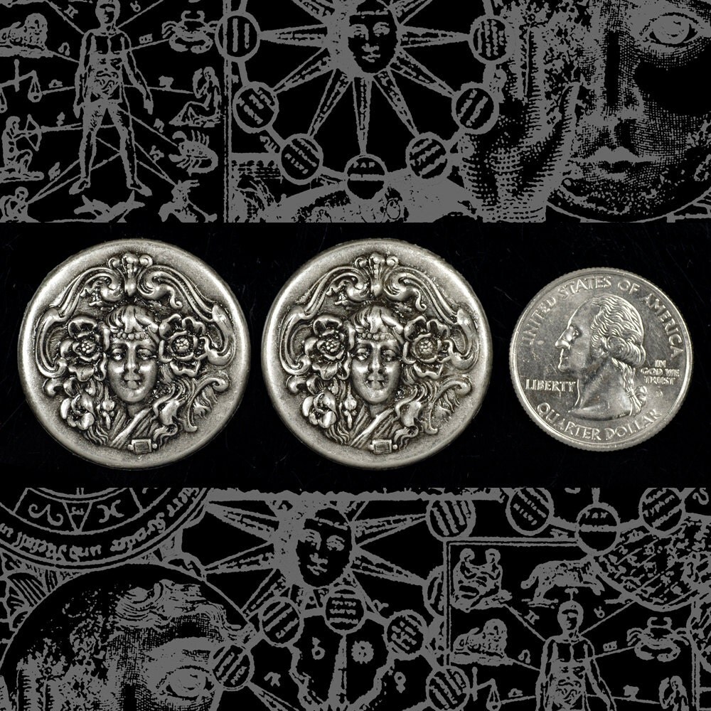 Antiqued Silver Plated Brass Round Cameo Lady with Flowing Hair Pendant- S-P99