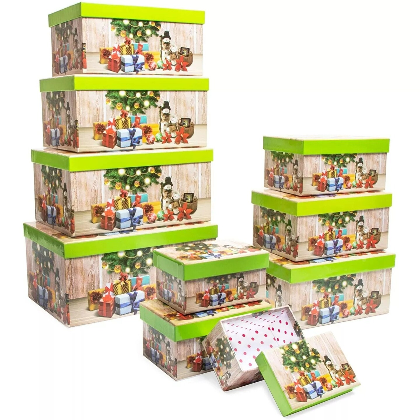 10 Pack Nesting Christmas Gift Boxes with Green Lids for Presents in 10 Sizes