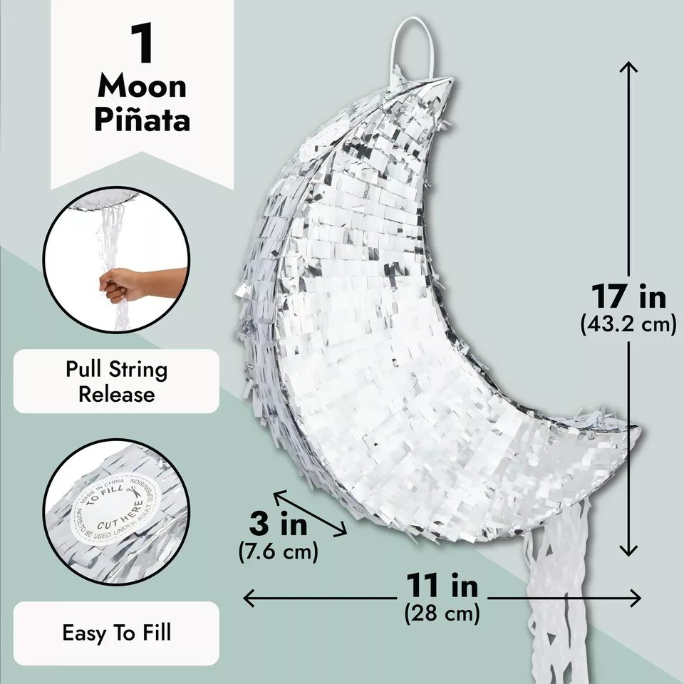 Silver Pull String Crescent Moon Pinata for Birthday, Gender Reveal, 17x11x3