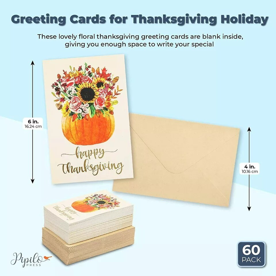 Thanksgiving Cards and Envelopes -60 Pack Holiday Fall Greeting Card Bulk 4 x 6&#x22;