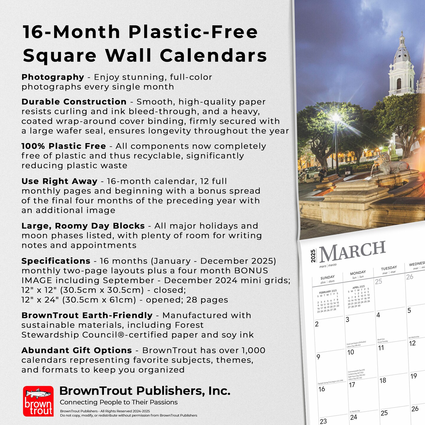 Puerto Rico | 2025 12 x 24 Inch Monthly Square Wall Calendar | Plastic-Free | BrownTrout | Travel Scenic Caribbean