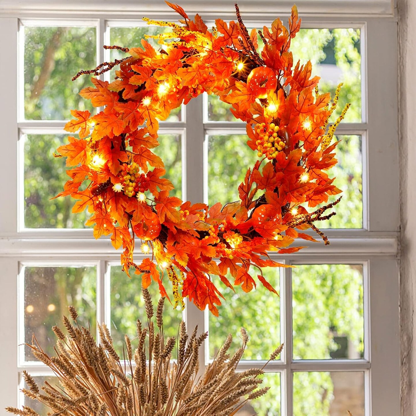 Lighted Fall Wreath with Metal Hanger, 16&#x22; Pre-lit Autumn Harvest Wreaths with 20 LED Lights