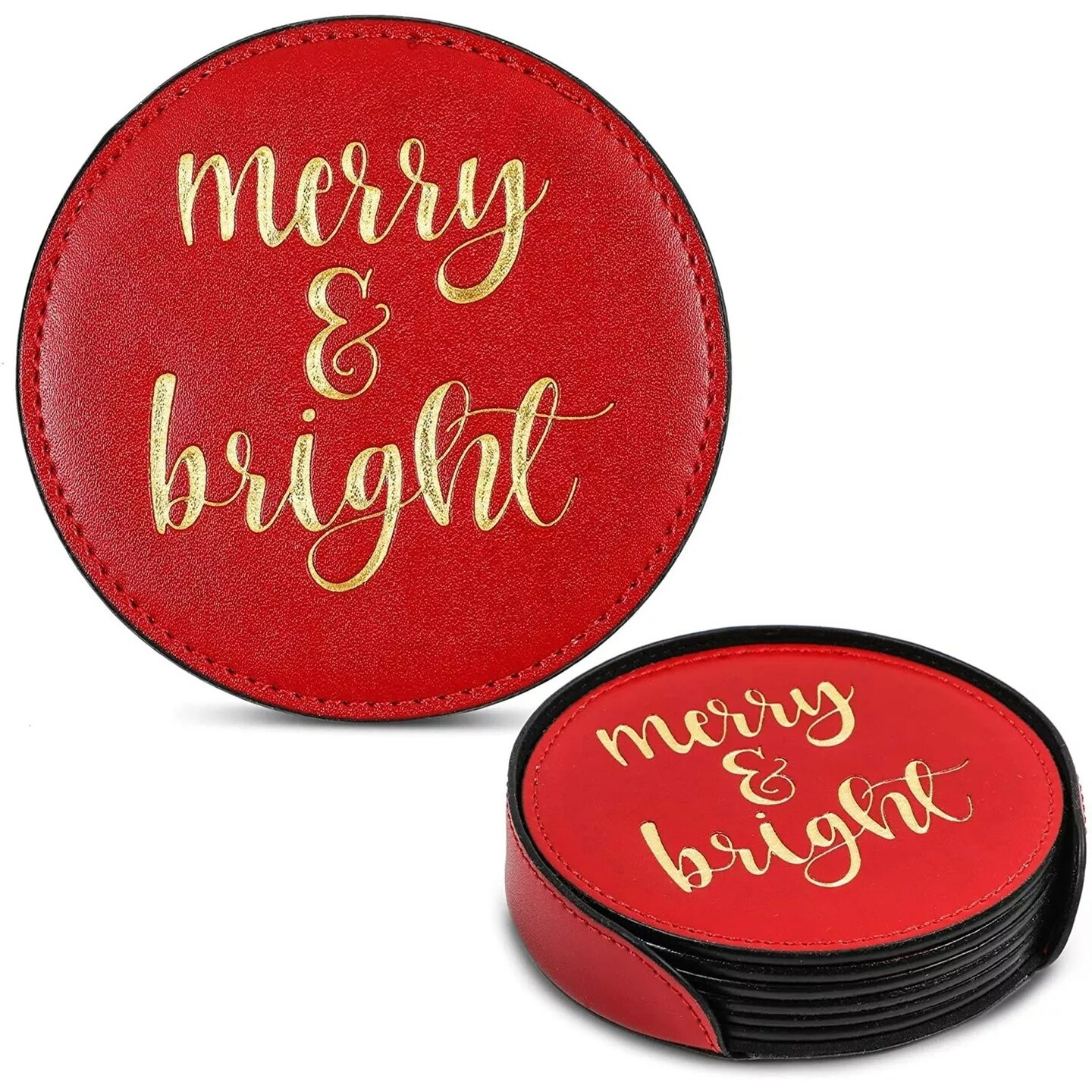 7x Christmas Red Merry and Bright Faux Leather Drink Coasters Gift with Holder