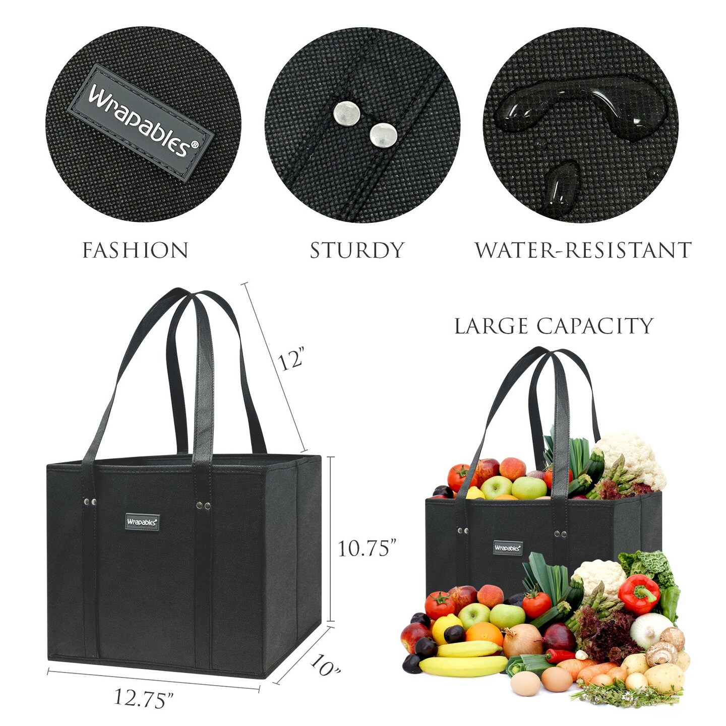 Wrapables 3Pk Reusable Grocery Bags, Heavy Duty Large Foldable Storage Shopping Totes with Reinforced Handles, Black