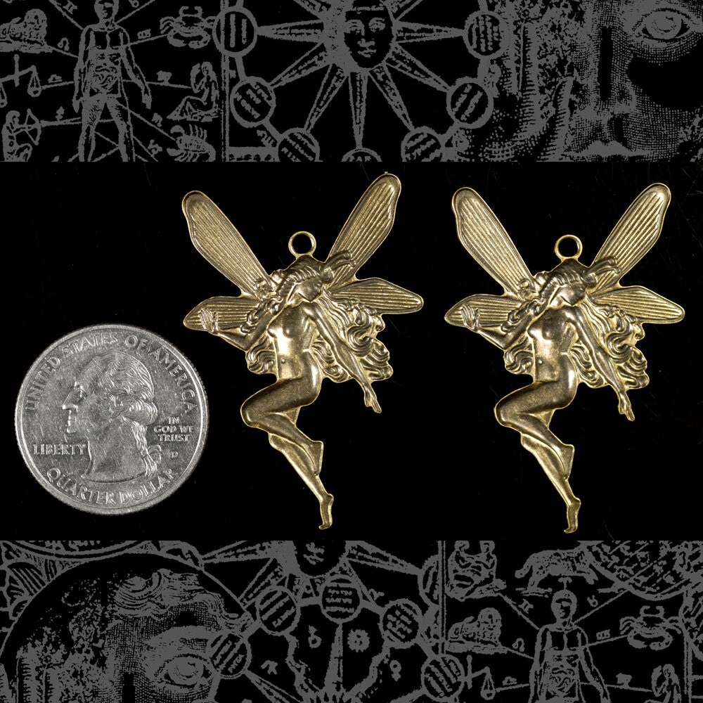 Antiqued Brass Fairy Pendants with One Ring Set of Two - AB-P80