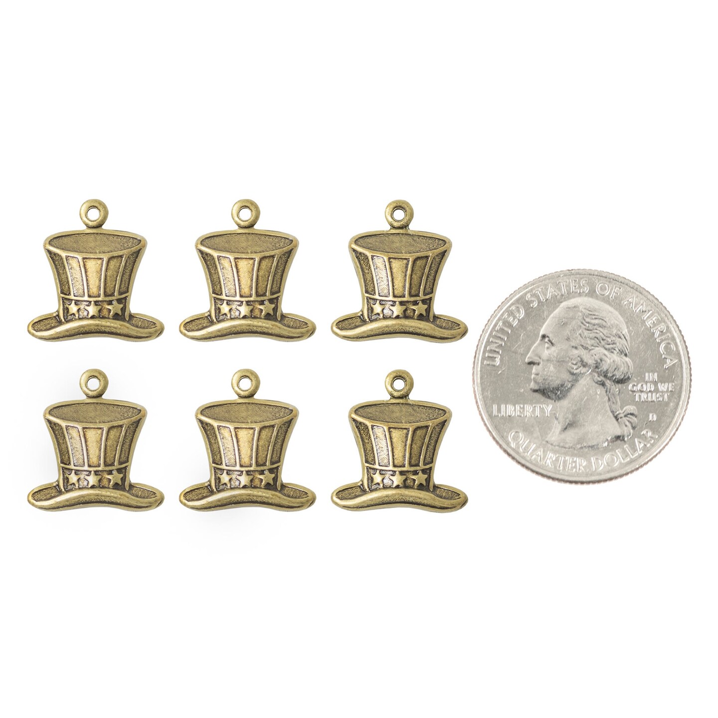 Antiqued Brass Patriotic Top Hat Charms - Set of Six - AB-C224