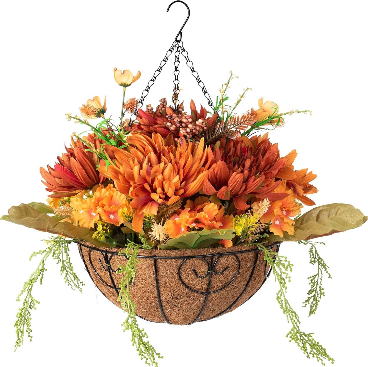 Artificial Fake Fall Hanging Chrysanthemum Flowers Plants Baskets for Outdoor Outside, Faux Silk Orange Mums UV Resistant Realistic for Autumn Home Porch Patio Balcony Yard Decor