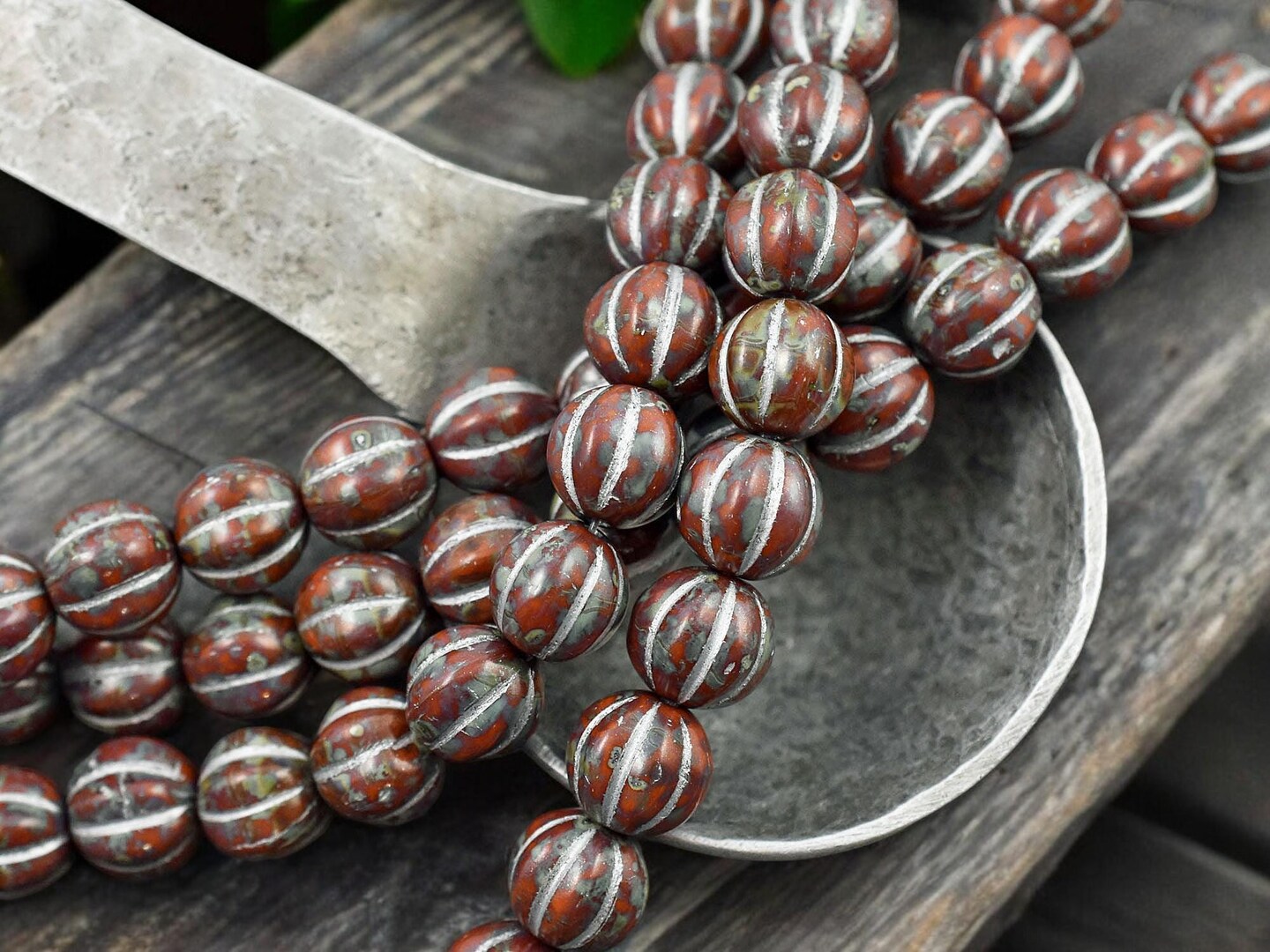 *16* 8mm Silver Washed Opaque Red Travertine Round Melon Beads
