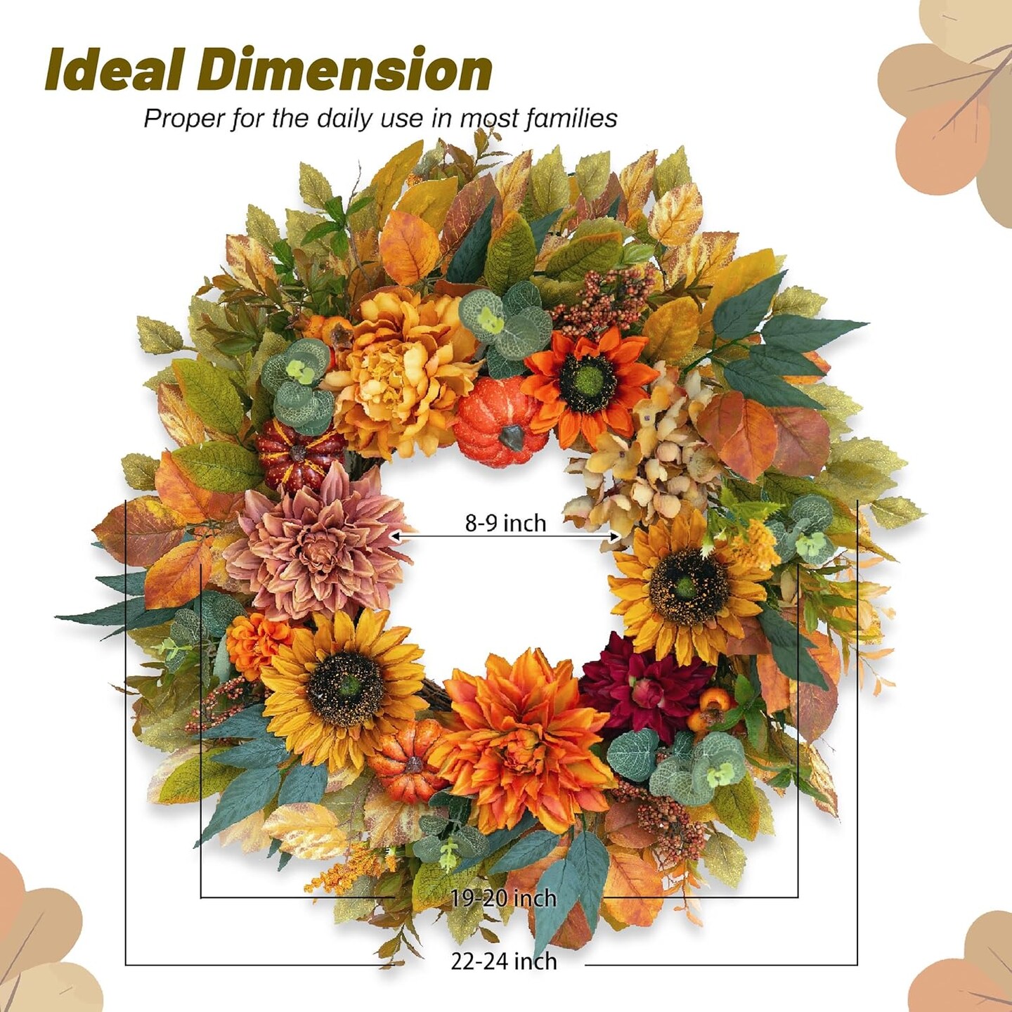 Pumpkin Sunflower Large Wreath with Peonies Berries, Autumn Door Wreath for Outdoor Outside Indoor Halloween Thanksgiving Decorations