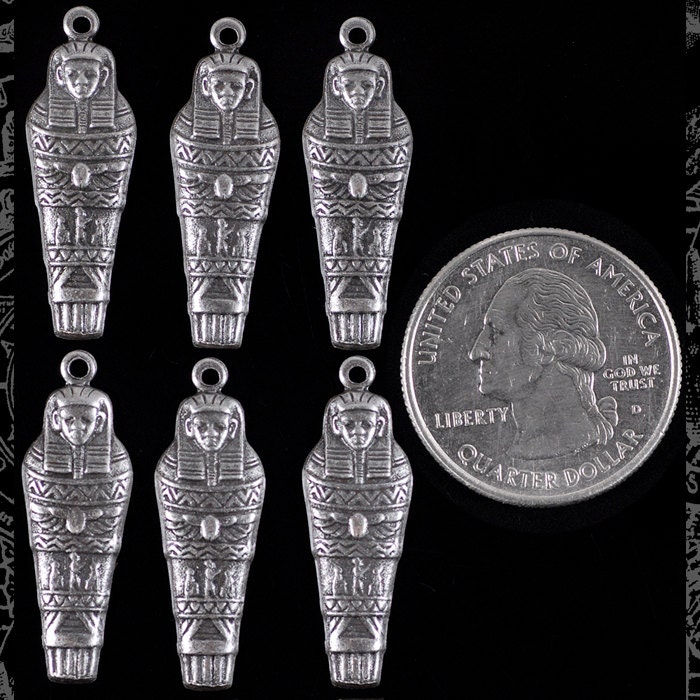 Antiqued Silver Plated Brass Egyptian Mummy Sarcophagus Charms or Pendants - Set of Six - S-C73