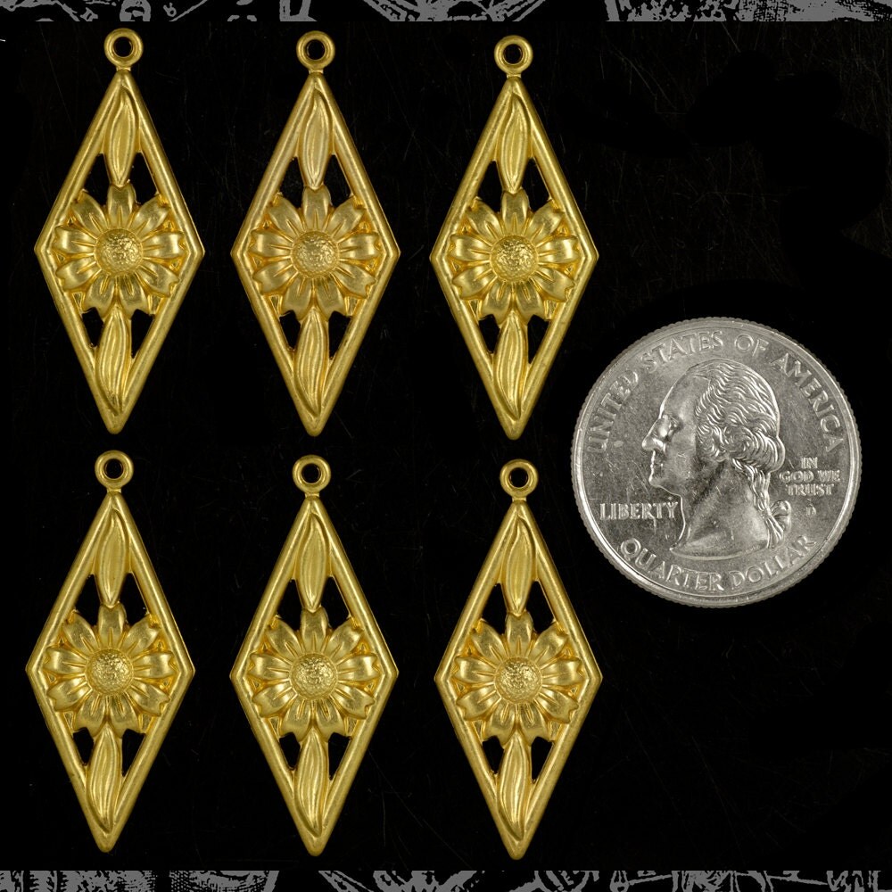 Raw Brass Nine Petaled Daisy in Diamond Charms - Set of Six - B-C186