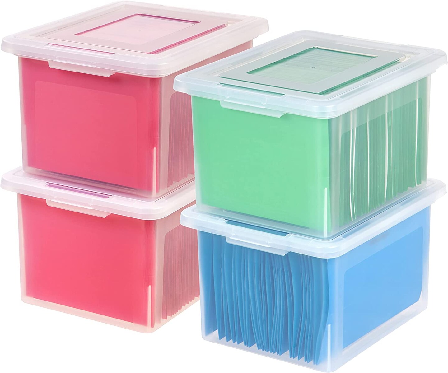 IRIS USA Letter & Legal Size Plastic Storage Bin Tote Organizing File Box with Durable and Secure Latching Lid, Stackable and Nestable, 4 Pack, Clear