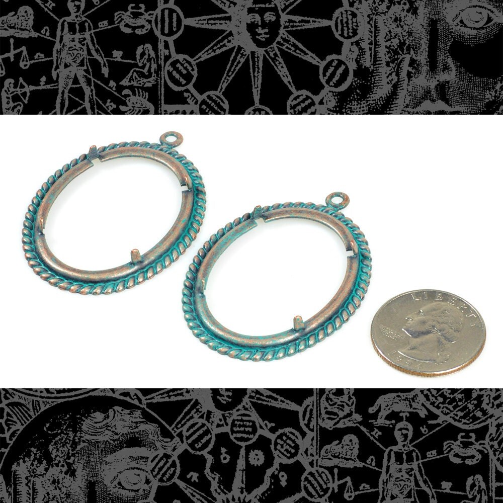 30mm x 40mm Verdigris Finished Brass Twisted Rope Cameo Frames with Prongs - Set of Two - V-F25