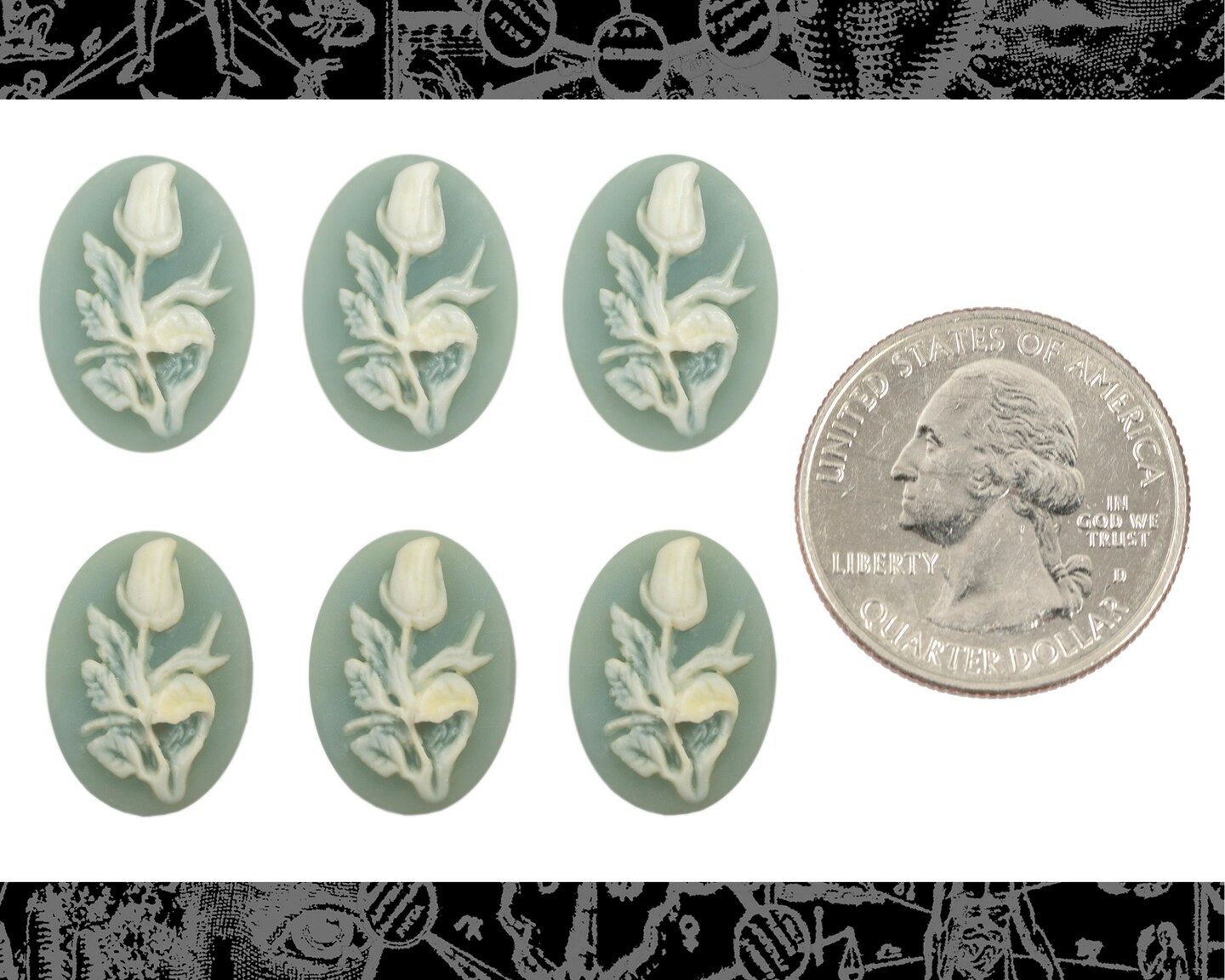 18x13mm Blue and White Rosebud Resin Cameos - Set of Six - CAM272