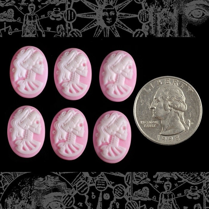 Candy Pink and White Skeletal Profile 13mm x 18mm Resin Cameos - Set of Six - CAM65