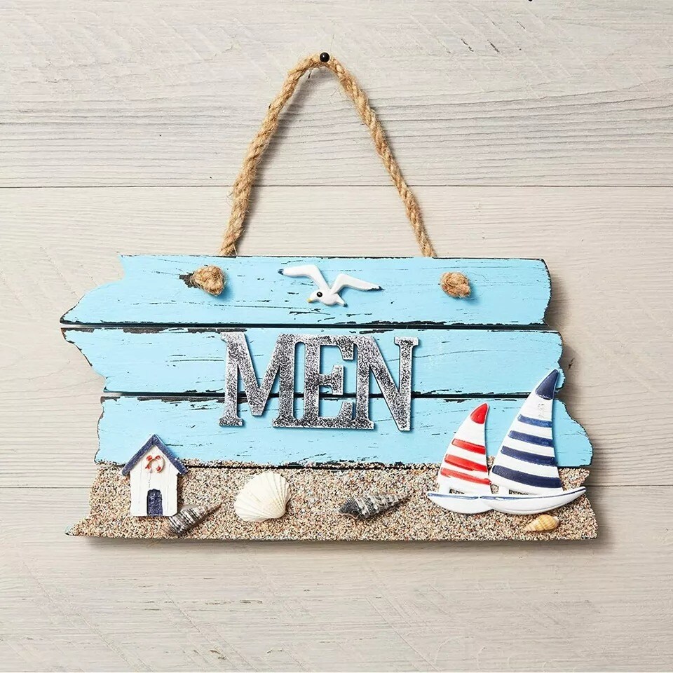 Wooden Bathroom Signs for Men and Women, Beach Decor (7.87 x 4.7 in, 2 Pack)