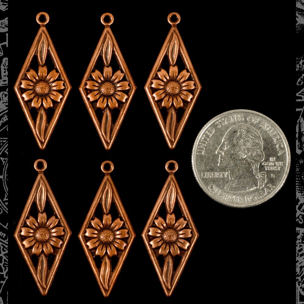 Antiqued Copper Plated Brass Nine Petaled Daisy in Diamond Charms - Set of Six - C-C186