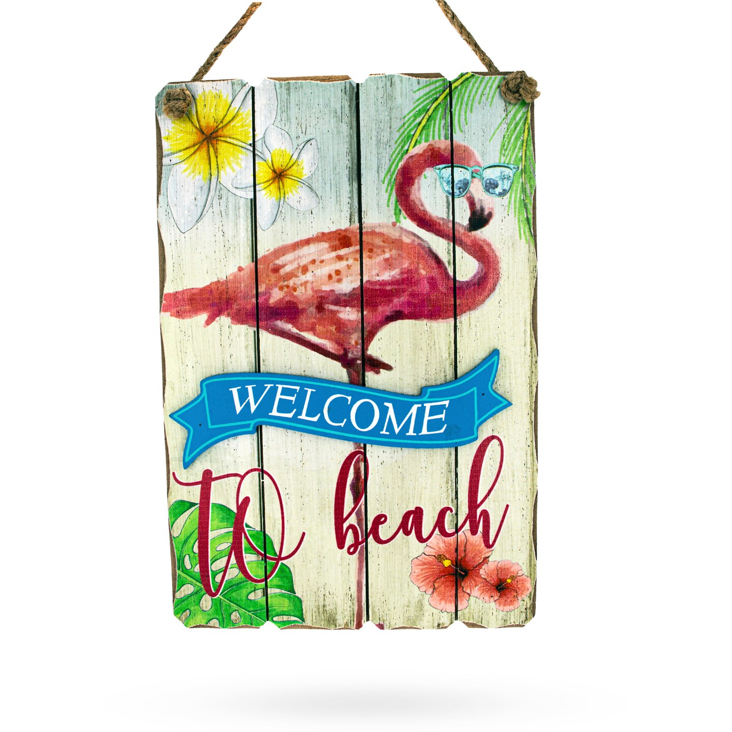 Welcome to the Beach Hanging Flamingo Wooden Sign Display 9.5 Inches