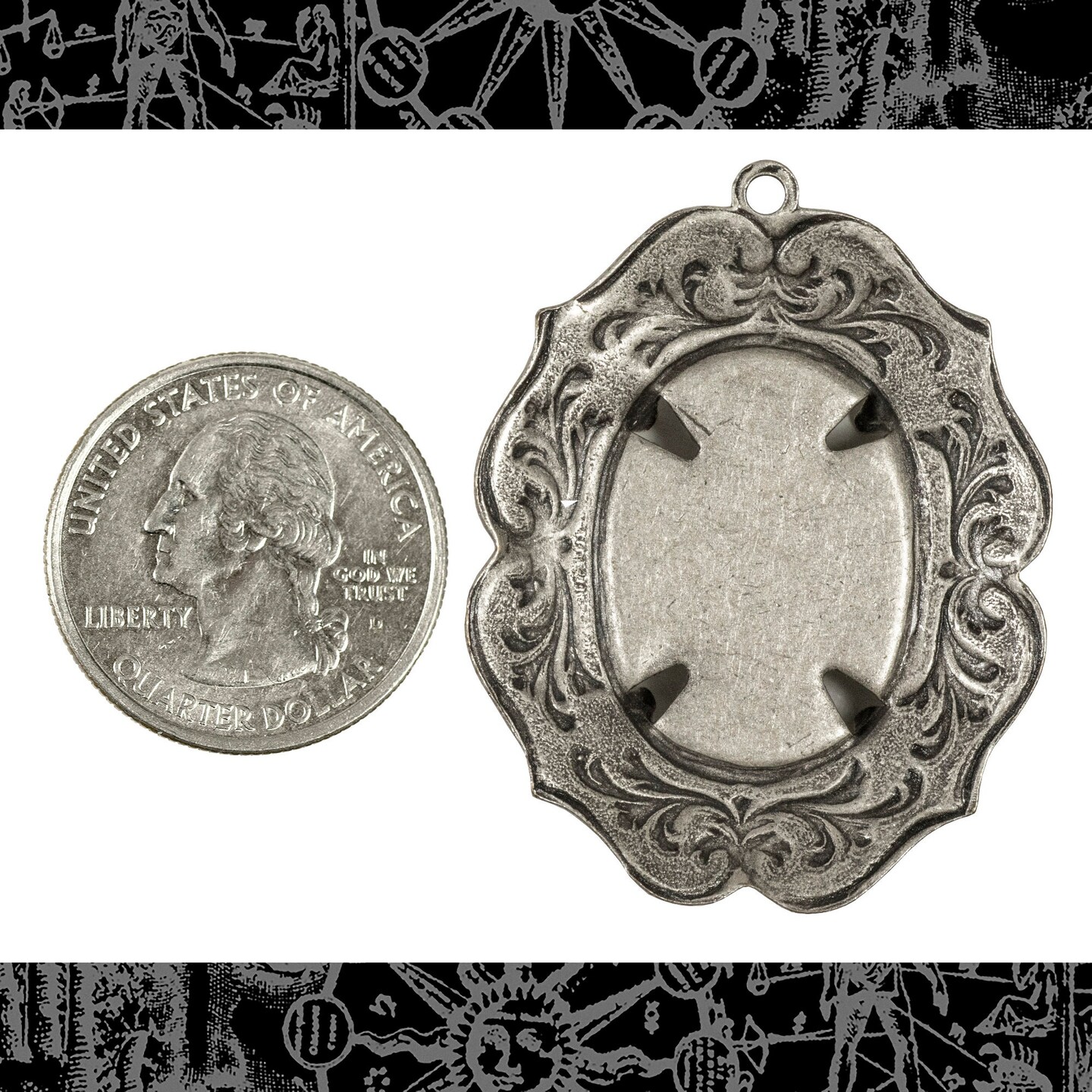 Vintage Heavy Baroque Antiqued Silver Plated Brass 25mm x 18mm Frame with Prongs - One - S-F26