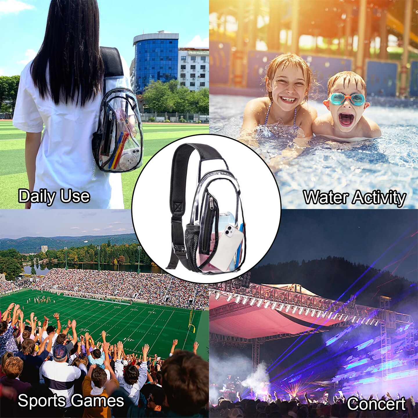 Clear Sling Bag, Stadium Approved Small PVC Crossbody Backpack, Transparent Casual Chest Daypack for Hiking, Stadium or Concerts, Black