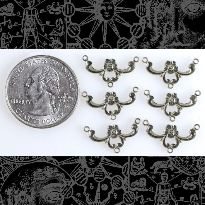 Antiqued Silver Plated Brass Swirled Floral Three Ring Connectors - Set of Six - S-3C27