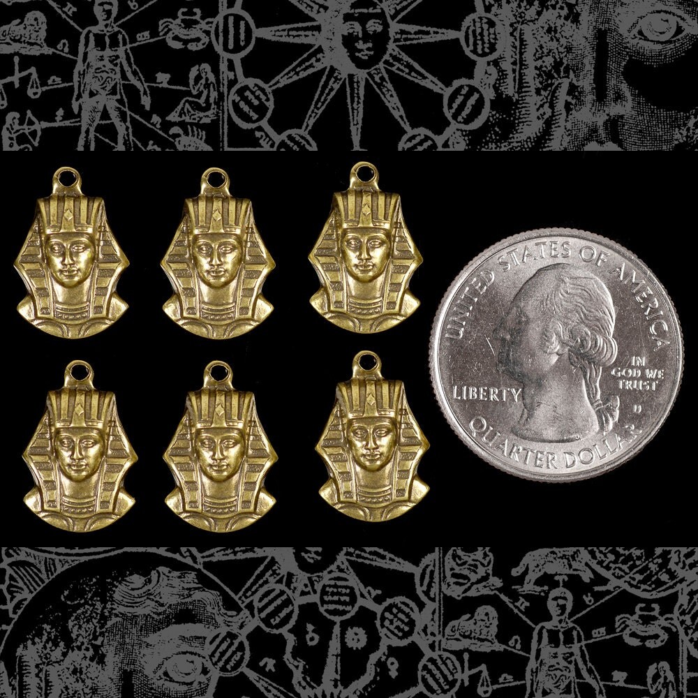 Antiqued Brass Pharaoh or King Tut Pendants or Charms - Set of Six - XXX - AB-C145