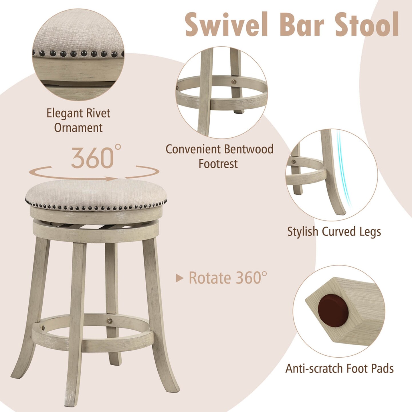 Costway 26.5" Swivel Bar Stools Set of 2/4 Round Counter Height Barstools with Wooden Frame