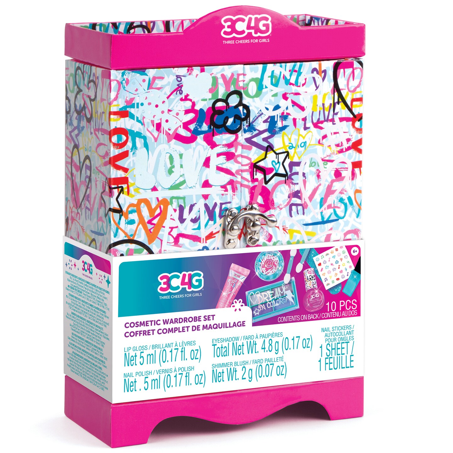 3C4G: Graffiti: Cosmetic Wardrobe Kit - Make It Real, Tweens &#x26; Girls, Lips-Nails-Face, Wardrobe Case Filled With Cosmetics, Gloss, Eyeshadow, Blush, Polish &#x26; More, Three Cheers For Girls, Kids Ages 6+