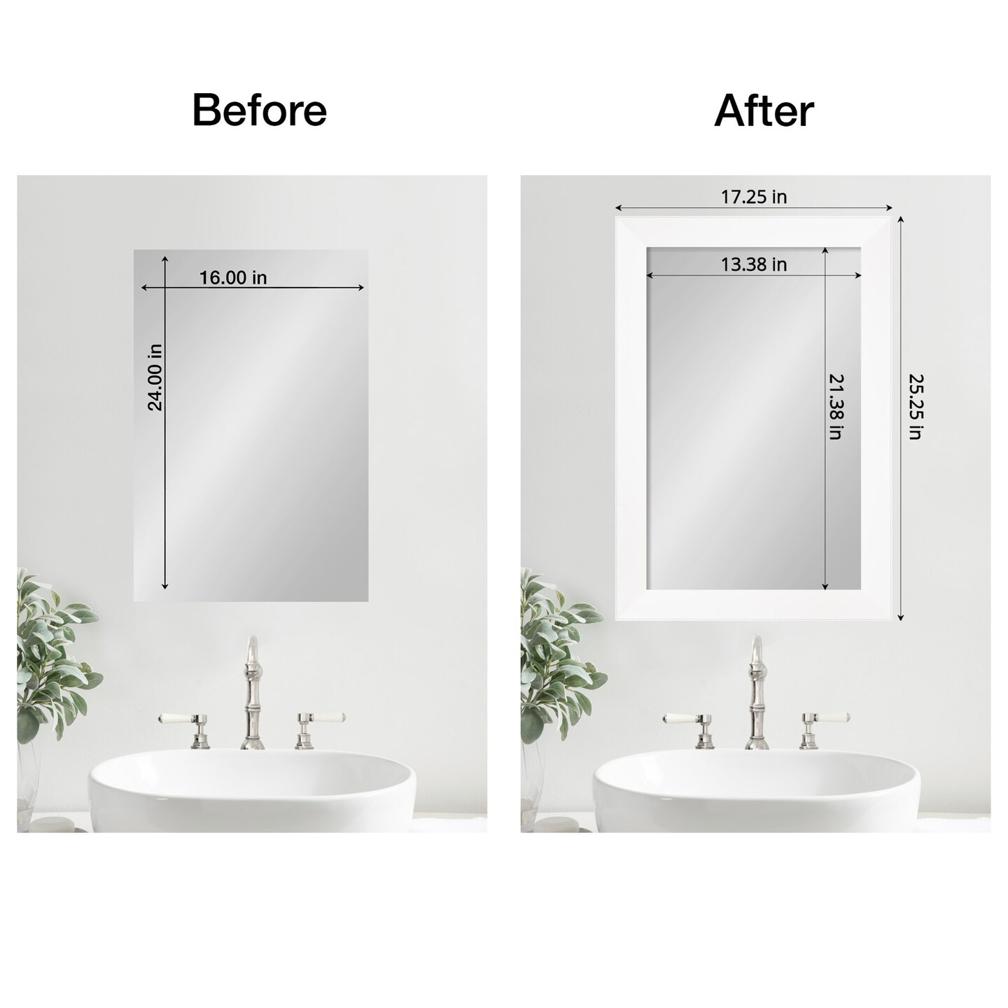 Amanti Art Mirror Makeover Bathroom Mirror Frame Border Kit - Fully Assembled Peel and Stick Frame - Mirror NOT Included - Cabinet White Narrow Trim