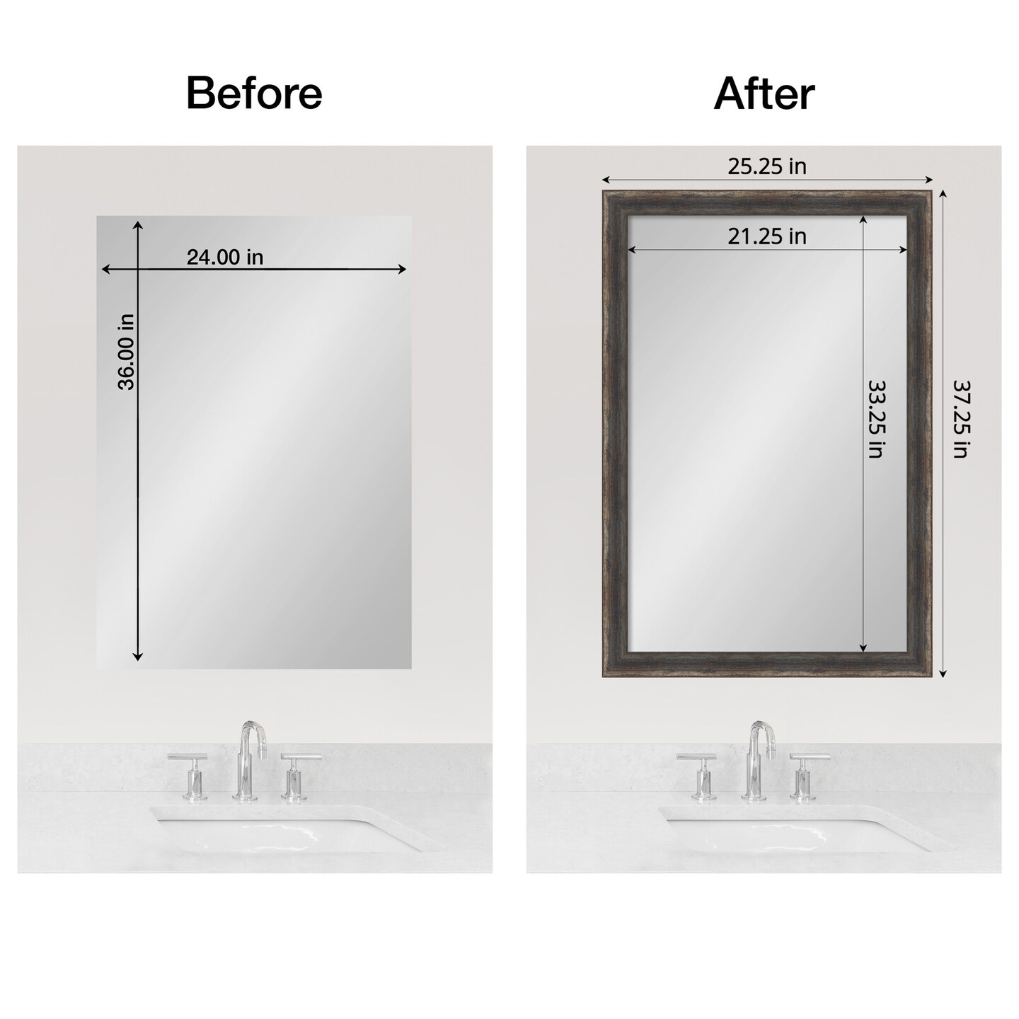 Amanti Art Mirror Makeover Bathroom Mirror Frame Border Kit - Fully Assembled Peel and Stick Frame - Mirror NOT Included - Bark Rustic Char Narrow Trim