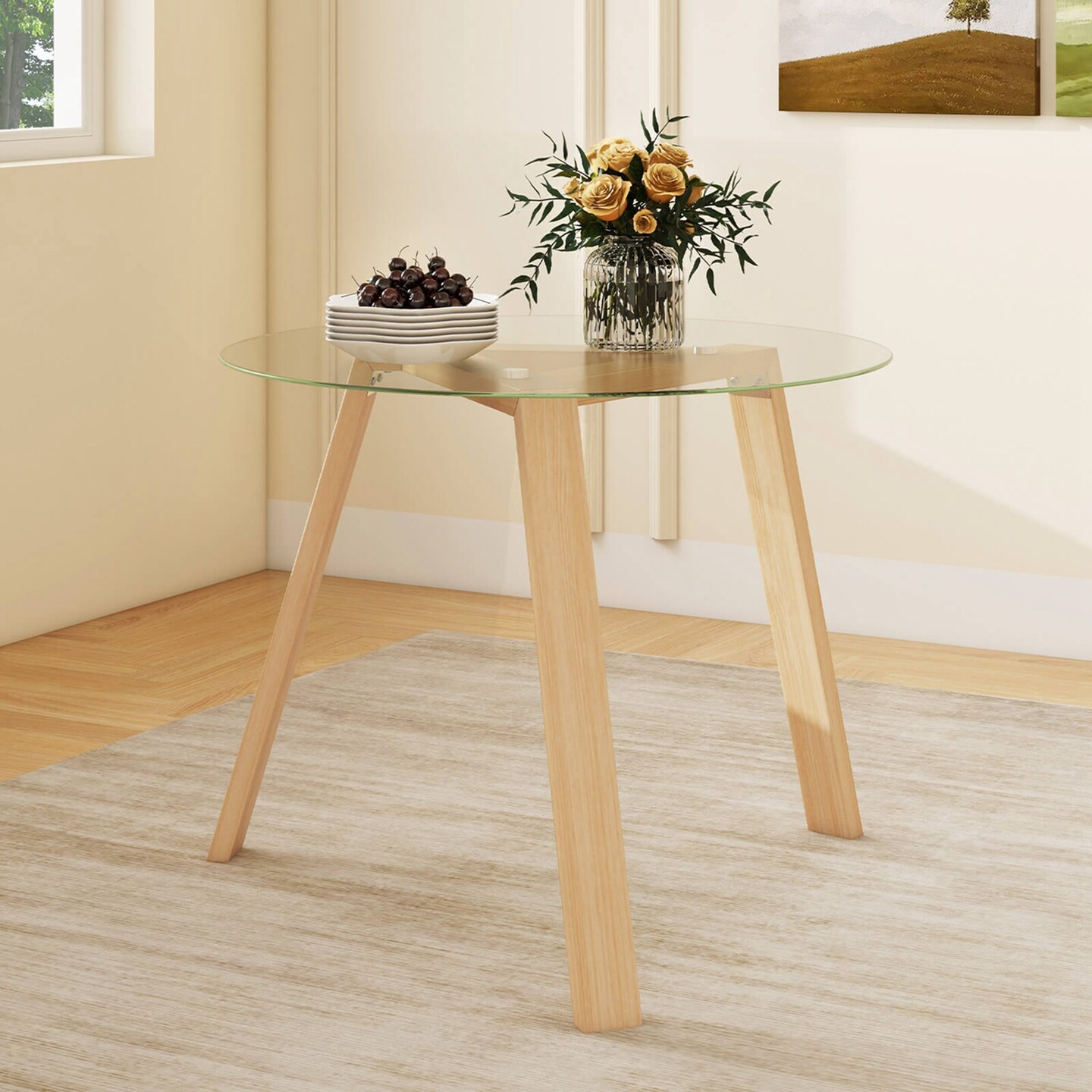 Costway 36&#x22; Round Glass Dining Table for 4 with Tempered Glass Tabletop Rubber Wood Frame Natural/Black