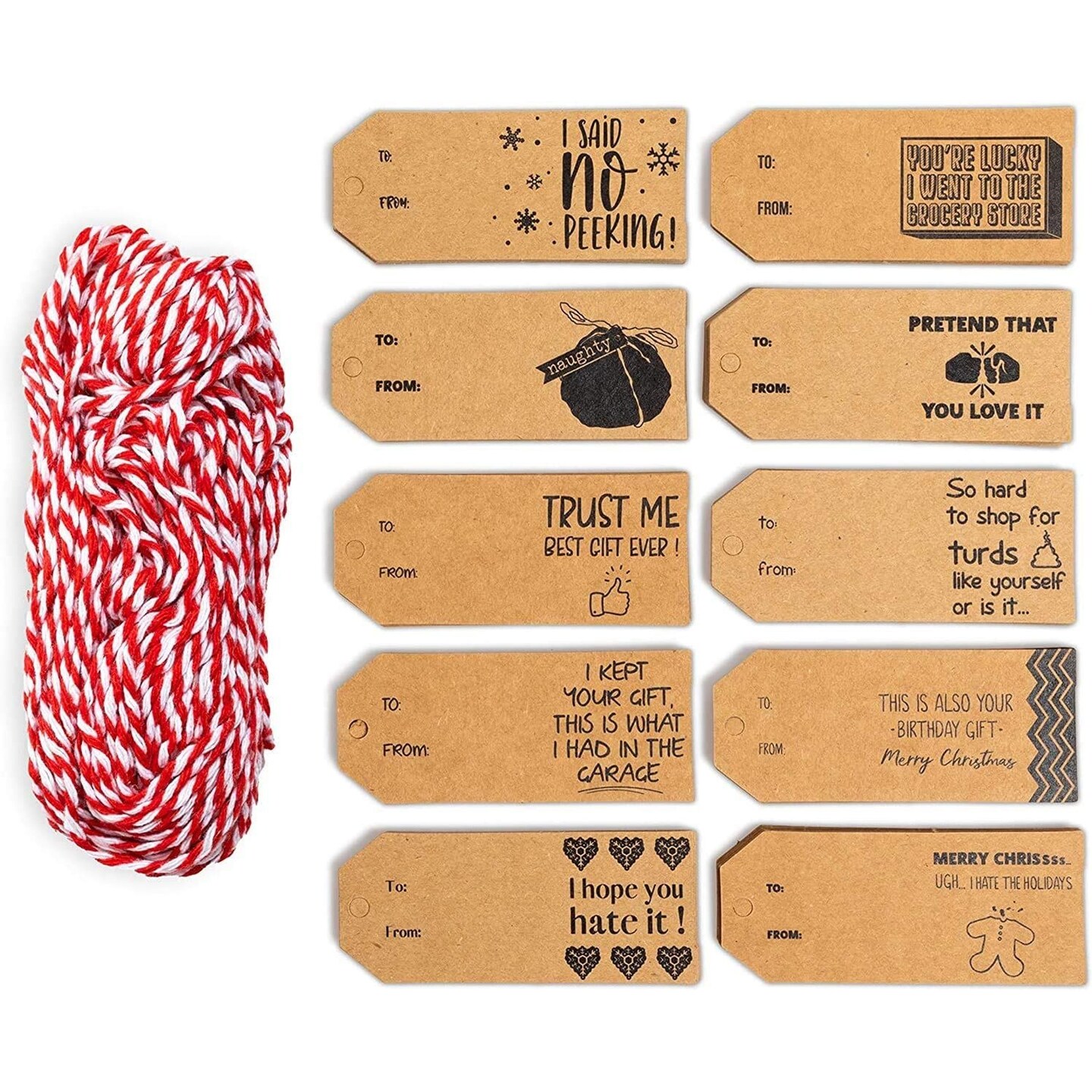 Sparkle and Bash 200 Piece Christmas Gift Tags, 3.75 x 1.6 Inch, 10 Xmas Funny Sayings, Gift Wrapping Tags for Xmas Winter Holiday Season Gifts