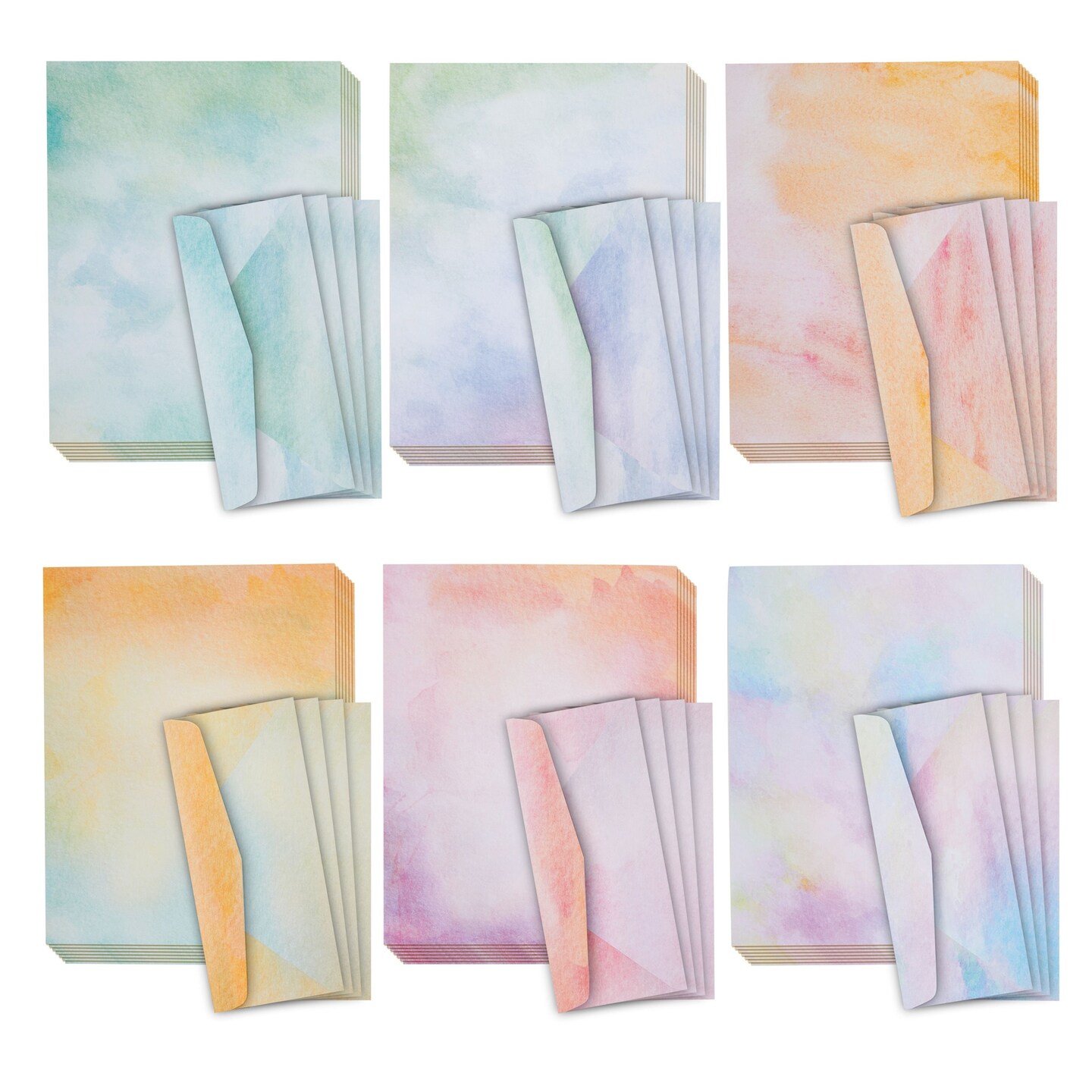 Watercolor Stationery Paper and Envelopes Set, 6 Assorted Colors (8.5 x 11 In, 48 Sheets and 24 Envelopes Set)