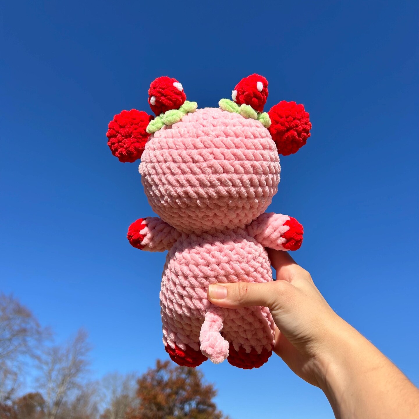 Strawberry crochet cow, fluffy custom plushie, pink and red cow
