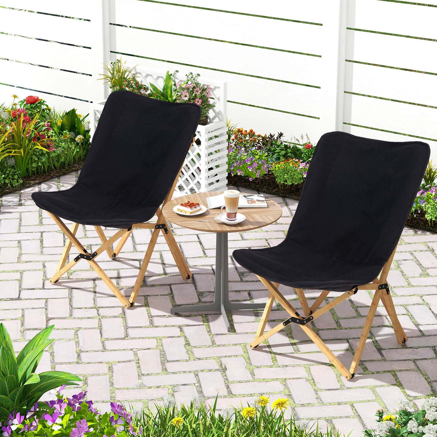 Costway Bamboo Butterfly Folding Chair Set of 2 with Storage Pocket 330 LBS Capacity Black/Beige