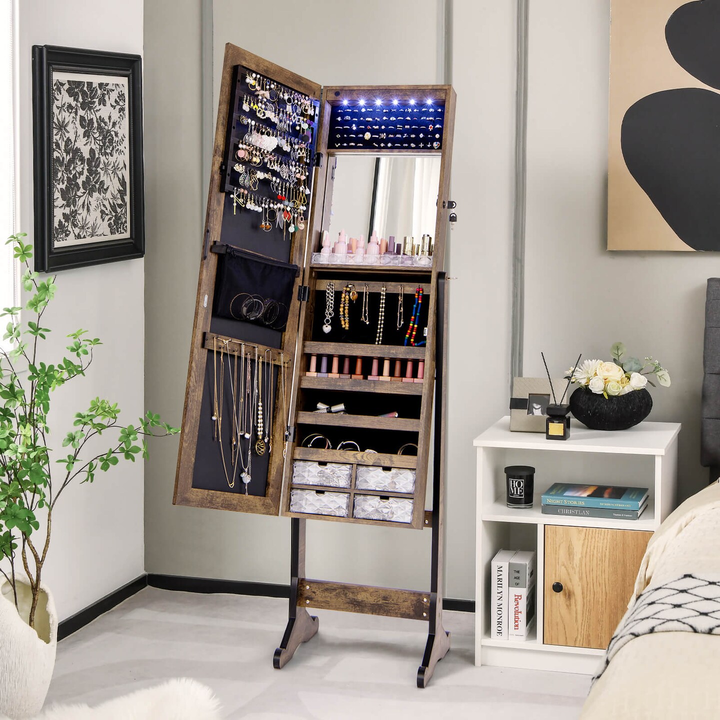 Costway Jewelry Cabinet Armoire Full Length Frameless Mirror Lockable with Lights White/Black/Rustic Brwon