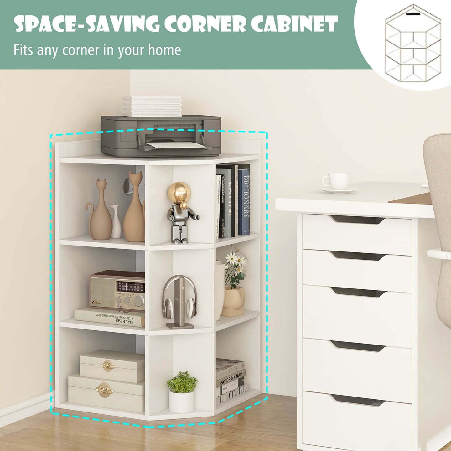 Costway 3-Tier Kids Corner Toy Storage Organizer with USB Ports and Outlets 9 Cubbies Grey/White