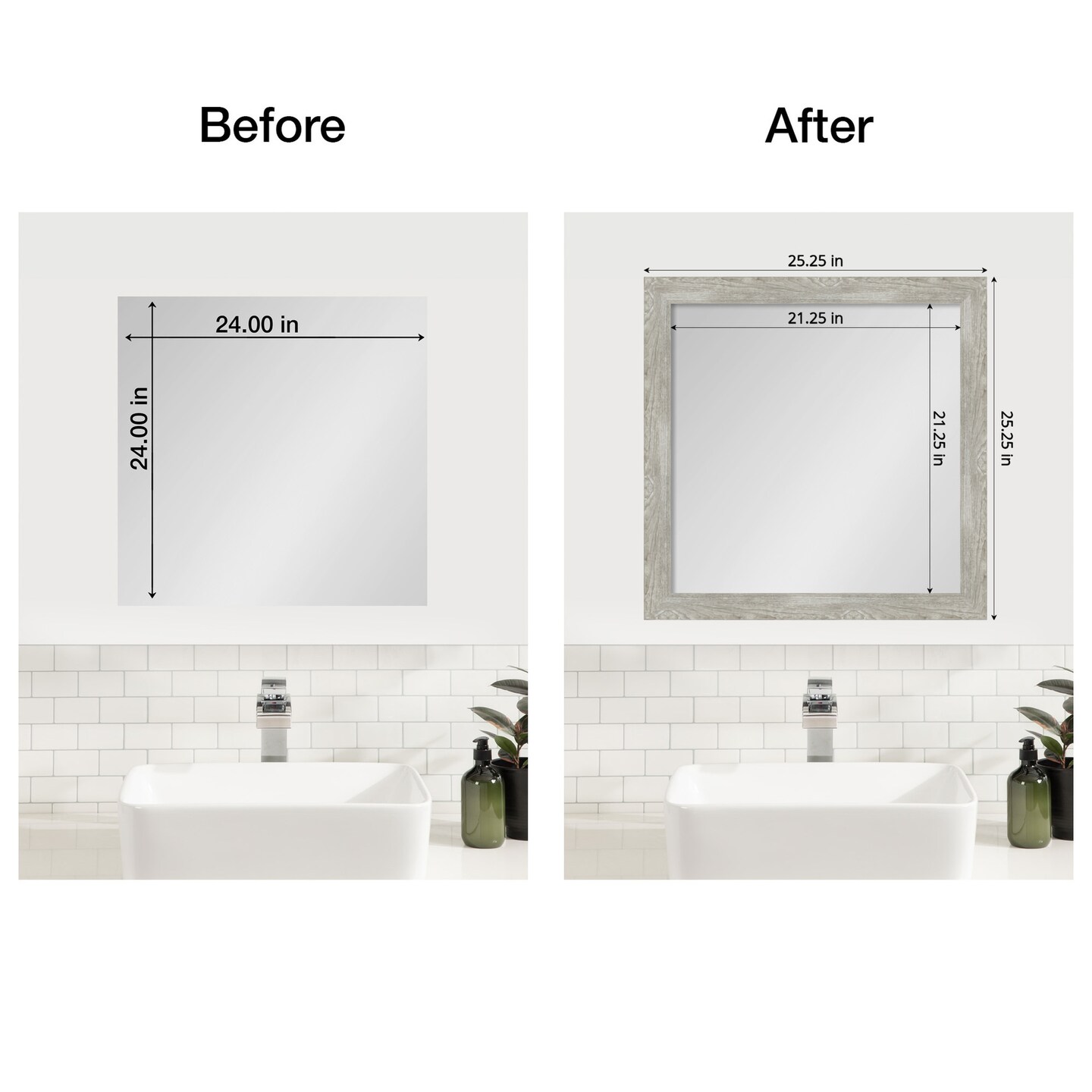 Amanti Art Mirror Makeover Bathroom Mirror Frame Border Kit - Fully Assembled Peel and Stick Frame - Mirror NOT Included - Dove Greywash Narrow Trim