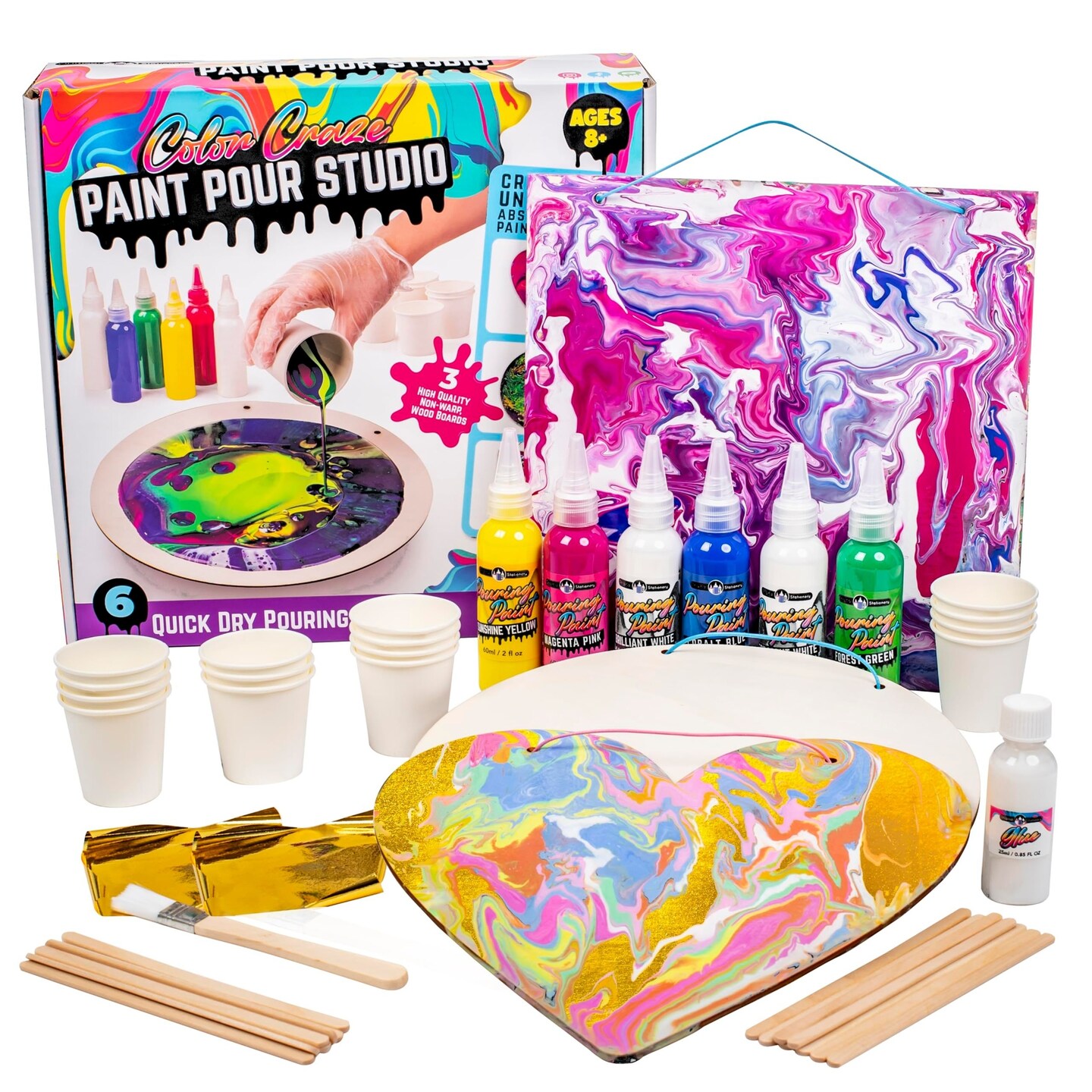 Original Stationery Color Craze Paint Pour Studio, Pour Painting Kit with Art Supplies Like Pouring Paint, Art Boards & Gold Sheets to Make Art Fun Painting Kits for Kids Ages 8, Ideal Christmas Gift